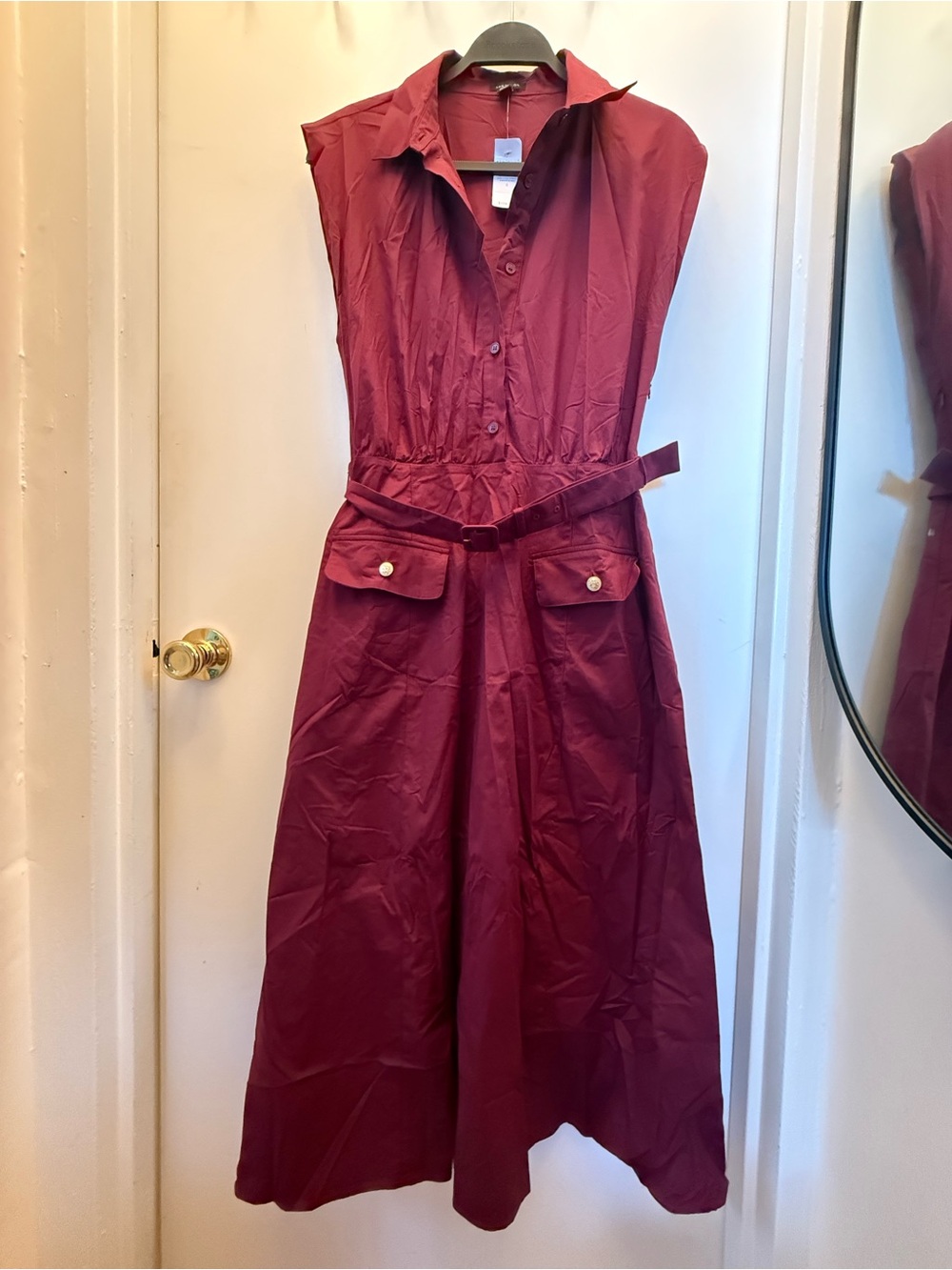 Ann Taylor Burgundy Sleeveless Belted Button Front Shirt Midi Dress Size 6